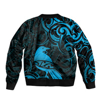 New Zealand Tui Bird Sleeve Zip Bomber Jacket Aotearoa Maori Pattern - Blue