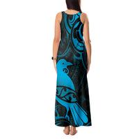 New Zealand Tui Bird Tank Maxi Dress Aotearoa Maori Pattern - Blue LT14 - Polynesian Pride