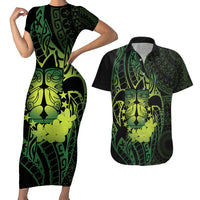 Kia Orana Kuki Airani Couples Matching Short Sleeve Bodycon Dress and Hawaiian Shirt Cook Islands Tangaroa God Tatau Green