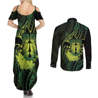 Kia Orana Kuki Airani Couples Matching Summer Maxi Dress and Long Sleeve Button Shirt Cook Islands Tangaroa God Tatau Green