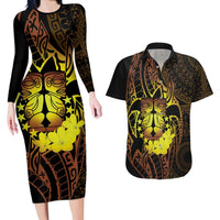 Kia Orana Kuki Airani Couples Matching Long Sleeve Bodycon Dress and Hawaiian Shirt Cook Islands Tangaroa God Tatau Gold
