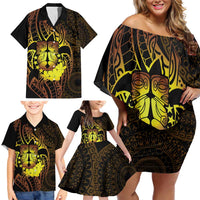 Kia Orana Kuki Airani Family Matching Off Shoulder Short Dress and Hawaiian Shirt Cook Islands Tangaroa God Tatau Gold LT14 - Polynesian Pride