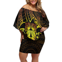 Kia Orana Kuki Airani Family Matching Off Shoulder Short Dress and Hawaiian Shirt Cook Islands Tangaroa God Tatau Gold LT14 Mom's Dress Gold - Polynesian Pride