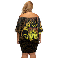 Kia Orana Kuki Airani Family Matching Off Shoulder Short Dress and Hawaiian Shirt Cook Islands Tangaroa God Tatau Gold LT14 - Polynesian Pride