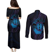 Kia Orana Kuki Airani Couples Matching Puletasi and Long Sleeve Button Shirt Cook Islands Tangaroa God Tatau Purple