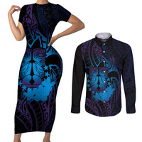 Kia Orana Kuki Airani Couples Matching Short Sleeve Bodycon Dress and Long Sleeve Button Shirt Cook Islands Tangaroa God Tatau Purple
