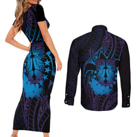 Kia Orana Kuki Airani Couples Matching Short Sleeve Bodycon Dress and Long Sleeve Button Shirt Cook Islands Tangaroa God Tatau Purple