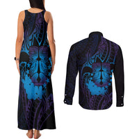 Kia Orana Kuki Airani Couples Matching Tank Maxi Dress and Long Sleeve Button Shirt Cook Islands Tangaroa God Tatau Purple
