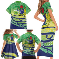 Te Maeva Nui Cook Islands Family Matching Short Sleeve Bodycon Dress and Hawaiian Shirt 60th Independence Anniversary Proud