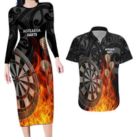 Personalised Aotearoa Darts Couples Matching Long Sleeve Bodycon Dress and Hawaiian Shirt Maori Koru Flaming Dartboard