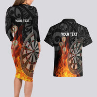 Personalised Aotearoa Darts Couples Matching Long Sleeve Bodycon Dress and Hawaiian Shirt Maori Koru Flaming Dartboard