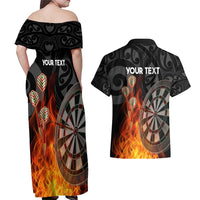 Personalised Aotearoa Darts Couples Matching Off Shoulder Maxi Dress and Hawaiian Shirt Maori Koru Flaming Dartboard