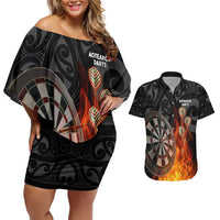 Personalised Aotearoa Darts Couples Matching Off Shoulder Short Dress and Hawaiian Shirt Maori Koru Flaming Dartboard