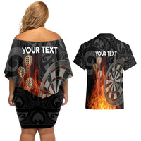 Personalised Aotearoa Darts Couples Matching Off Shoulder Short Dress and Hawaiian Shirt Maori Koru Flaming Dartboard