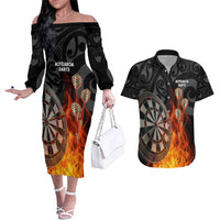 Personalised Aotearoa Darts Couples Matching Off The Shoulder Long Sleeve Dress and Hawaiian Shirt Maori Koru Flaming Dartboard