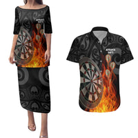 Personalised Aotearoa Darts Couples Matching Puletasi and Hawaiian Shirt Maori Koru Flaming Dartboard