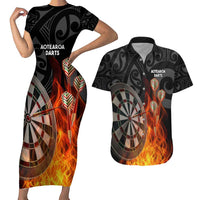 Personalised Aotearoa Darts Couples Matching Short Sleeve Bodycon Dress and Hawaiian Shirt Maori Koru Flaming Dartboard
