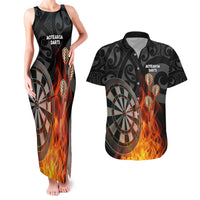 Personalised Aotearoa Darts Couples Matching Tank Maxi Dress and Hawaiian Shirt Maori Koru Flaming Dartboard