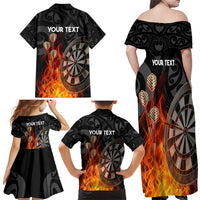 Personalised Aotearoa Darts Family Matching Off Shoulder Maxi Dress and Hawaiian Shirt Maori Koru Flaming Dartboard