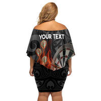 Personalised Aotearoa Darts Family Matching Off Shoulder Short Dress and Hawaiian Shirt Maori Koru Flaming Dartboard