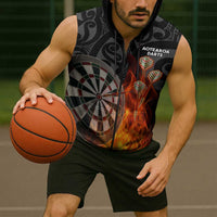Personalised Aotearoa Darts Sleeveless Zip Hoodie Maori Koru Flaming Dartboard - Polynesian Pride