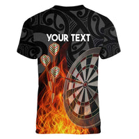 Personalised Aotearoa Darts Women V-Neck T-Shirt Maori Koru Flaming Dartboard
