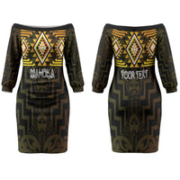 Aotearoa Atua Mahuika Personalised Couples Matching Off The Shoulder Long Sleeve Dress and Long Sleeve Button Shirt Maori Goddess Of Fire Taniko Motifs LT14 - Polynesian Pride