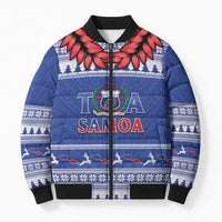 Personalised Toa Samoa Rugby Christmas Bomber Puffer Jacket Ula Fala Samoan Pattern Blue - Polynesian Pride