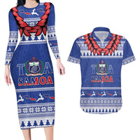 Personalised Toa Samoa Rugby Christmas Couples Matching Long Sleeve Bodycon Dress and Hawaiian Shirt Ula Fala Samoan Pattern Blue LT14 Blue - Polynesian Pride