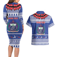 Personalised Toa Samoa Rugby Christmas Couples Matching Long Sleeve Bodycon Dress and Hawaiian Shirt Ula Fala Samoan Pattern Blue LT14 - Polynesian Pride