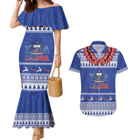 Personalised Toa Samoa Rugby Christmas Couples Matching Mermaid Dress and Hawaiian Shirt Ula Fala Samoan Pattern Blue - Polynesian Pride