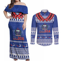 Personalised Toa Samoa Rugby Christmas Couples Matching Off Shoulder Maxi Dress and Long Sleeve Button Shirt Ula Fala Samoan Pattern Blue - Polynesian Pride