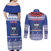 Personalised Toa Samoa Rugby Christmas Couples Matching Off Shoulder Maxi Dress and Long Sleeve Button Shirt Ula Fala Samoan Pattern Blue - Polynesian Pride