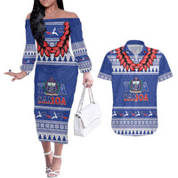 Personalised Toa Samoa Rugby Christmas Couples Matching Off The Shoulder Long Sleeve Dress and Hawaiian Shirt Ula Fala Samoan Pattern Blue LT14 Blue - Polynesian Pride