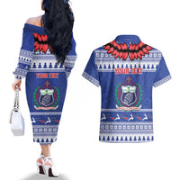 Personalised Toa Samoa Rugby Christmas Couples Matching Off The Shoulder Long Sleeve Dress and Hawaiian Shirt Ula Fala Samoan Pattern Blue LT14 - Polynesian Pride