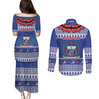 Personalised Toa Samoa Rugby Christmas Couples Matching Puletasi and Long Sleeve Button Shirt Ula Fala Samoan Pattern Blue LT14 - Polynesian Pride