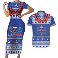Personalised Toa Samoa Rugby Christmas Couples Matching Short Sleeve Bodycon Dress and Hawaiian Shirt Ula Fala Samoan Pattern Blue LT14 Blue - Polynesian Pride