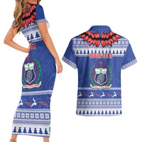 Personalised Toa Samoa Rugby Christmas Couples Matching Short Sleeve Bodycon Dress and Hawaiian Shirt Ula Fala Samoan Pattern Blue LT14 - Polynesian Pride