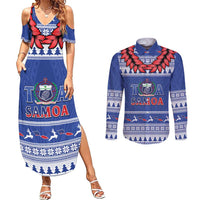 Personalised Toa Samoa Rugby Christmas Couples Matching Summer Maxi Dress and Long Sleeve Button Shirt Ula Fala Samoan Pattern Blue LT14 Blue - Polynesian Pride