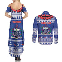 Personalised Toa Samoa Rugby Christmas Couples Matching Summer Maxi Dress and Long Sleeve Button Shirt Ula Fala Samoan Pattern Blue LT14 - Polynesian Pride