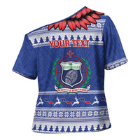Personalised Toa Samoa Rugby Christmas Cross Shoulder Shirt Ula Fala Samoan Pattern Blue LT14 - Polynesian Pride