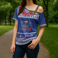 Personalised Toa Samoa Rugby Christmas Cross Shoulder Shirt Ula Fala Samoan Pattern Blue - Polynesian Pride