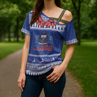 Personalised Toa Samoa Rugby Christmas Cross Shoulder Shirt Ula Fala Samoan Pattern Blue LT14 - Polynesian Pride