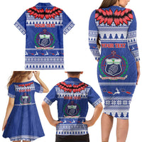 Personalised Toa Samoa Rugby Christmas Family Matching Long Sleeve Bodycon Dress and Hawaiian Shirt Ula Fala Samoan Pattern Blue - Polynesian Pride