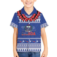 Personalised Toa Samoa Rugby Christmas Family Matching Long Sleeve Bodycon Dress and Hawaiian Shirt Ula Fala Samoan Pattern Blue - Polynesian Pride