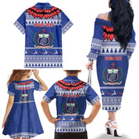 Personalised Toa Samoa Rugby Christmas Family Matching Off The Shoulder Long Sleeve Dress and Hawaiian Shirt Ula Fala Samoan Pattern Blue - Polynesian Pride