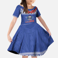 Personalised Toa Samoa Rugby Christmas Family Matching Puletasi and Hawaiian Shirt Ula Fala Samoan Pattern Blue LT14 Daughter's Dress Blue - Polynesian Pride