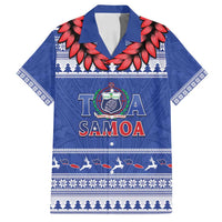 Personalised Toa Samoa Rugby Christmas Family Matching Puletasi and Hawaiian Shirt Ula Fala Samoan Pattern Blue LT14 Dad's Shirt - Short Sleeve Blue - Polynesian Pride
