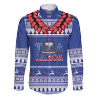 Personalised Toa Samoa Rugby Christmas Family Matching Puletasi and Hawaiian Shirt Ula Fala Samoan Pattern Blue LT14 Dad's Shirt - Long Sleeve Blue - Polynesian Pride