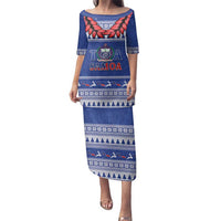 Personalised Toa Samoa Rugby Christmas Family Matching Puletasi and Hawaiian Shirt Ula Fala Samoan Pattern Blue LT14 Mom's Dress Blue - Polynesian Pride